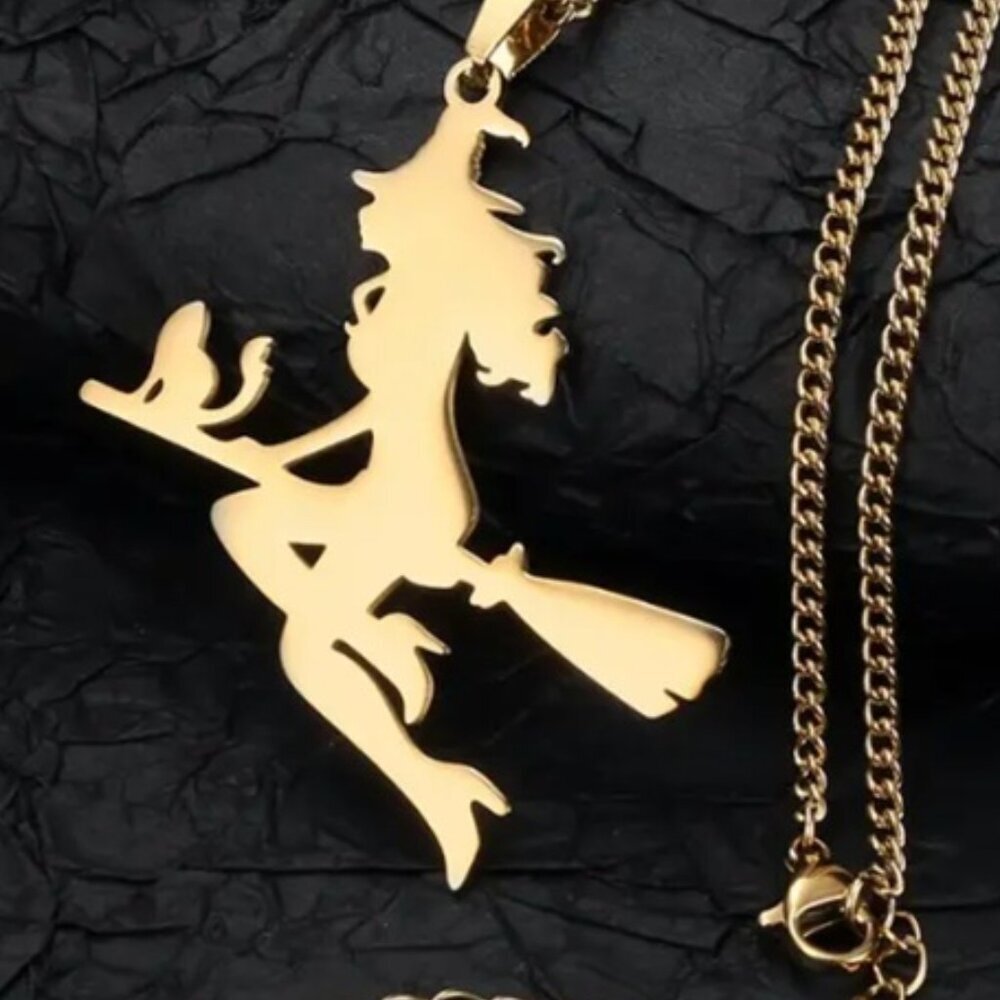 Gothic Witch, Her Cat Riding Her Broom Pendant Necklace - Stainless Steel - Gold